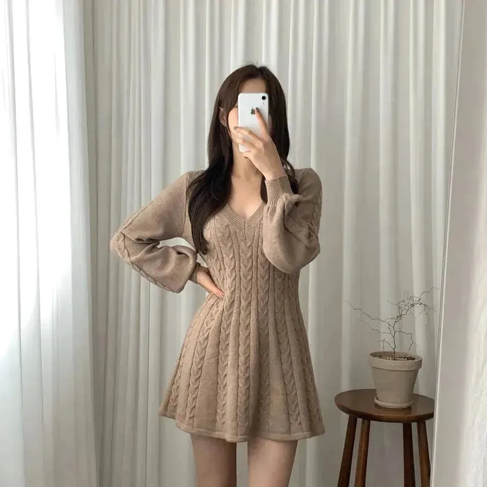 Fashionable Autumn Winter Mini Flared Knitted Sweater Dress